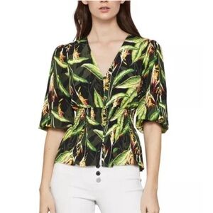 BCBGMAXAZRIA Palm Print Top in Green Multi Smocked Waist Large